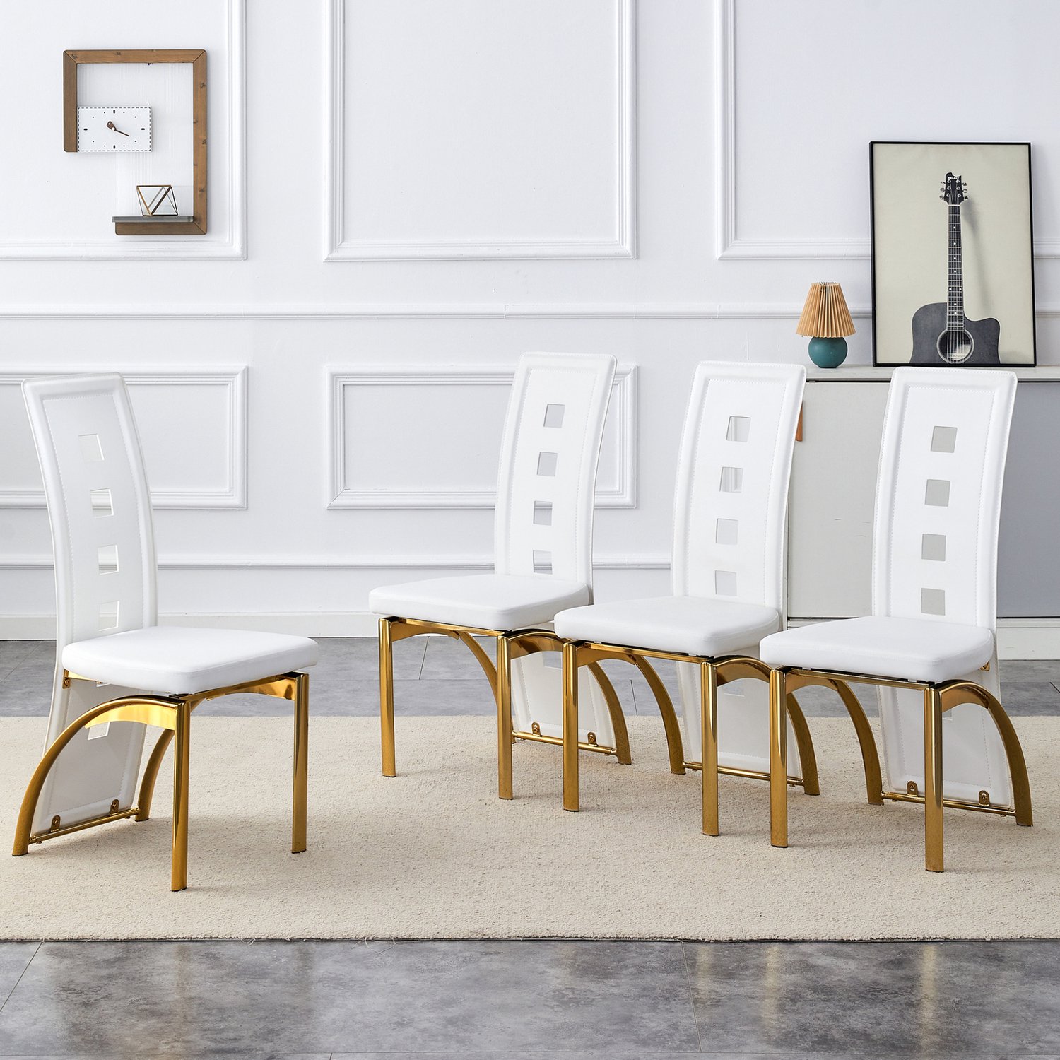 OKWISH Eetkamerstoel - Set Van 4 - Wit En Goud - Kunstleer - Opengewerkte Rugleuning