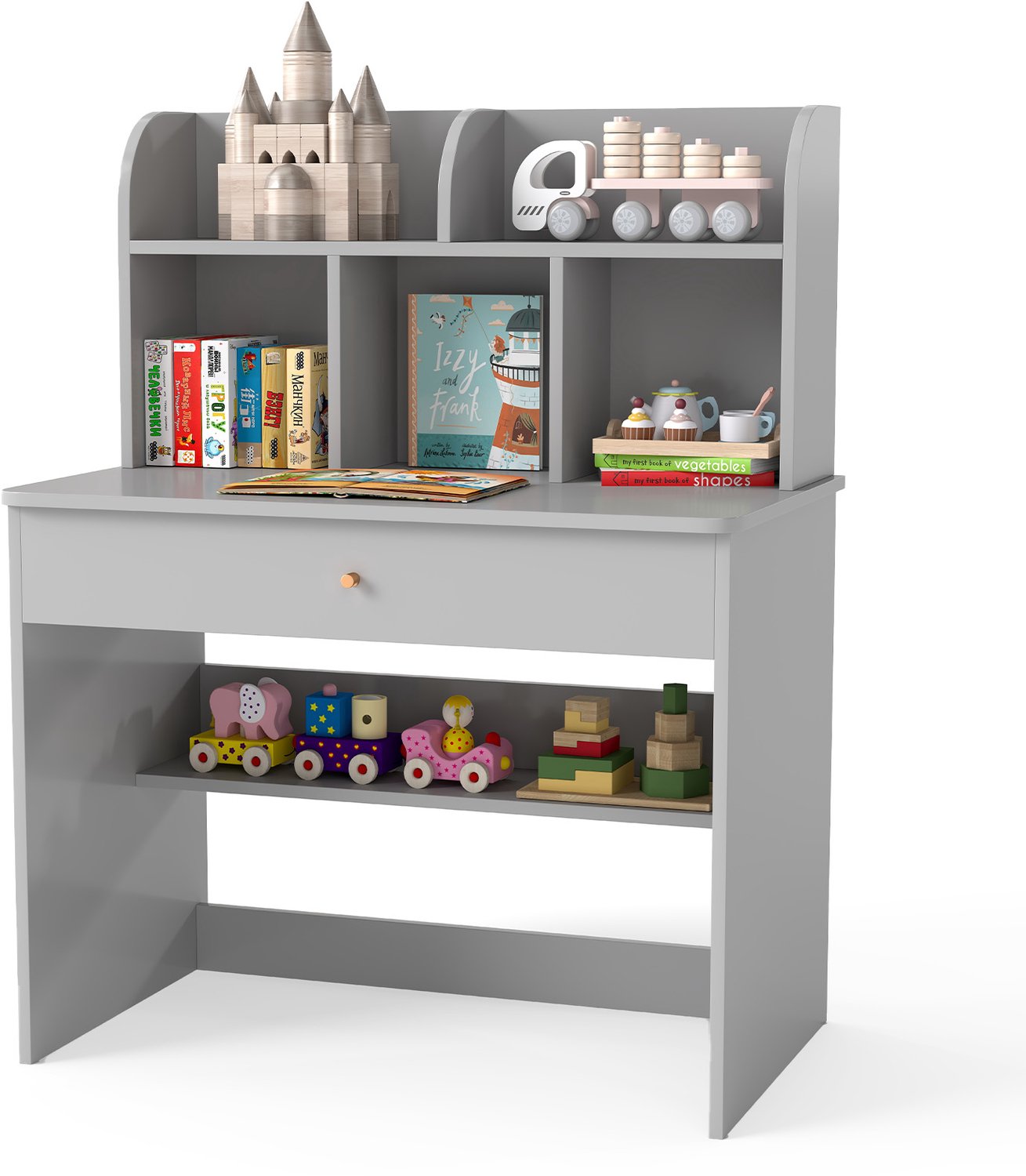 Costway Kinderbureau, kinderschreibtisch van hout, bureau voor school met lade & opbergvak, bureau voor tieners met opbergruimte, kindertafel voor kinderen vanaf 3 jaar (grijs)