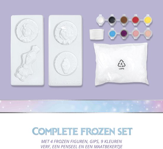Frozen knutselset met mallen, gips, 9 kleuren verf, penseel en maatbeker voor 4 figuren.