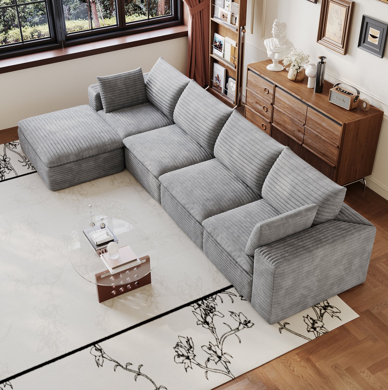Wishdor Hoekbank 5-zits met linker liggedeelte - Modulair - Afneembare kussens - Zonder montage - Ribfluweel - Woonkamer slaapkamer vergaderruimte appartement - Grijs - 340 x 160 x 60 cm Grijs (met 1 ottomane)