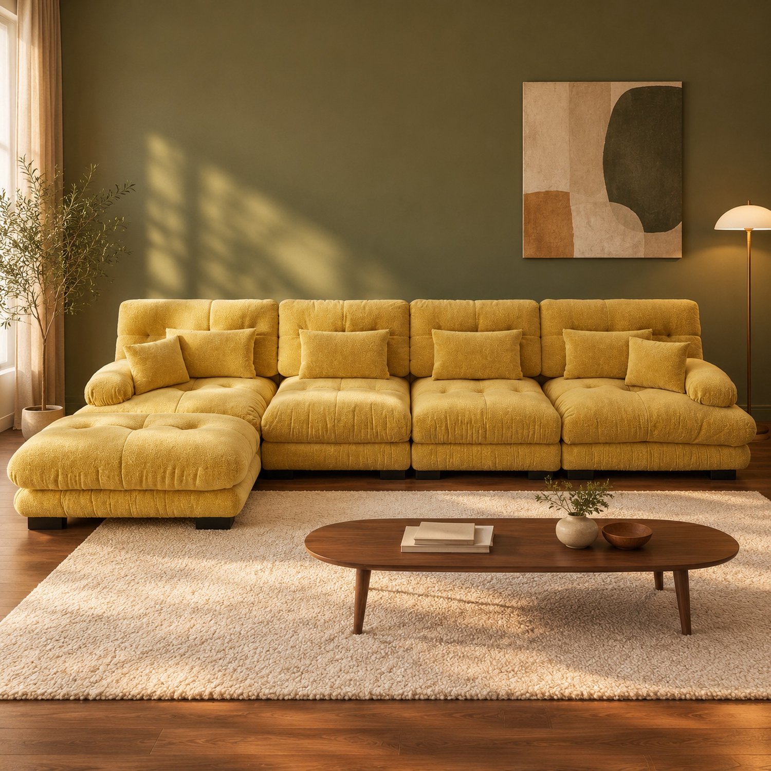 WUVRIE Modulaire hoekbank 4-zits 406x145 cm - Verplaatsbare ottomans en losse kussens - Geel