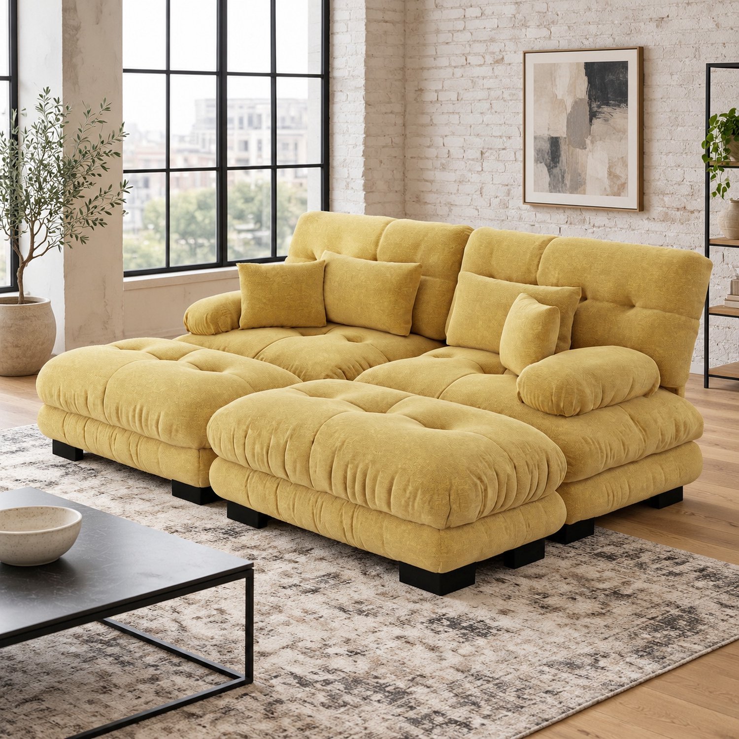 WUVRIE Modulaire hoekbank 220x145 cm - Chenille met 2 ottomans en 4 kussens - Geel
