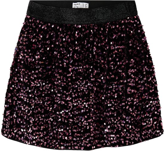 Zwarte rok met roze lovertjes, elastische tailleband en 'name it' label aan de binnenzijde.