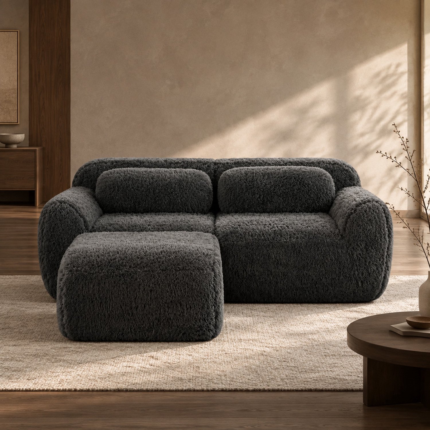 WUVRIE Modulaire L-vormige hoekbank 204x179 cm - 2-zits met pluche bekleding en kussens - Grijs