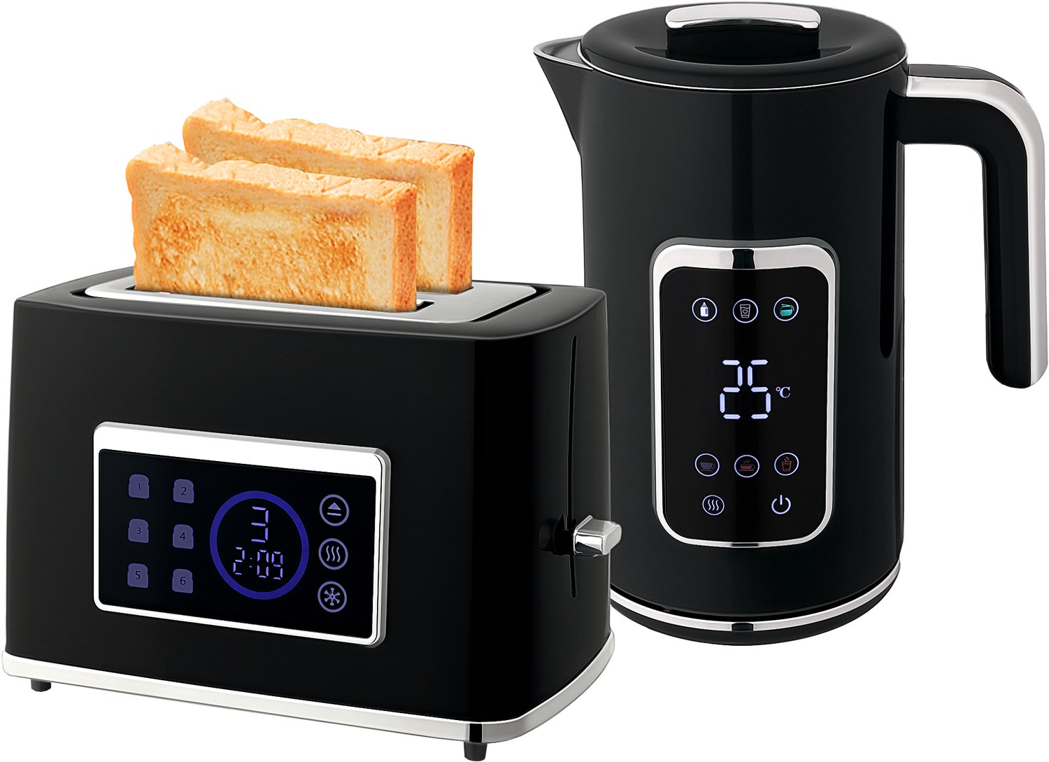 Waterkoker en broodrooster set met LED-touchscreen, 1,7 L, 2 roostergleuven, diverse modi en functies, Zwart
