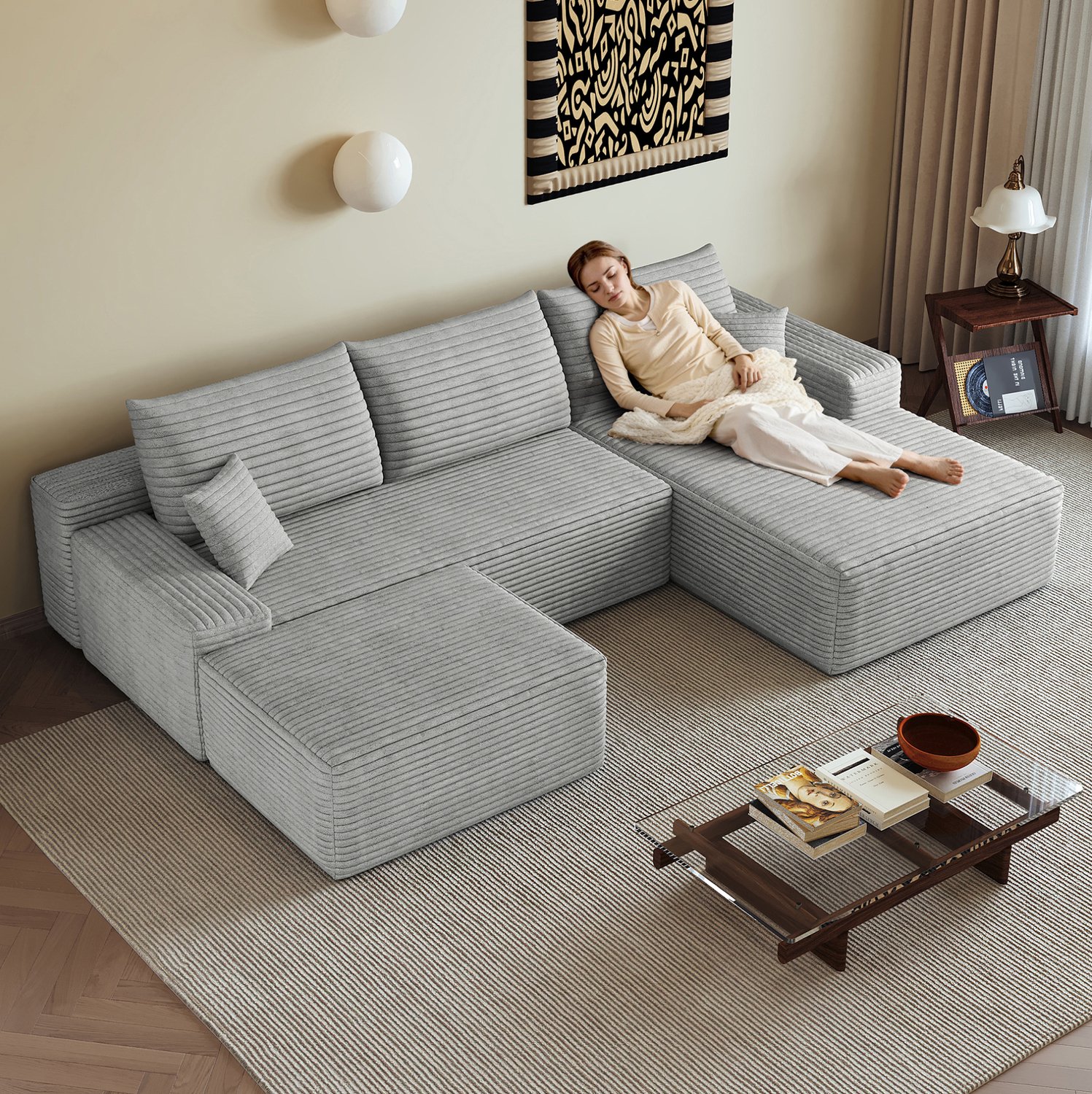 Wishdor Modulaire hoekbank met L-vormig liggedeelte - Zachte zit - Zonder montage - Gestreepte ribfluwelen stof - Woonkamer slaapkamer appartement - Grijs - 270 x 175 x 83 cm