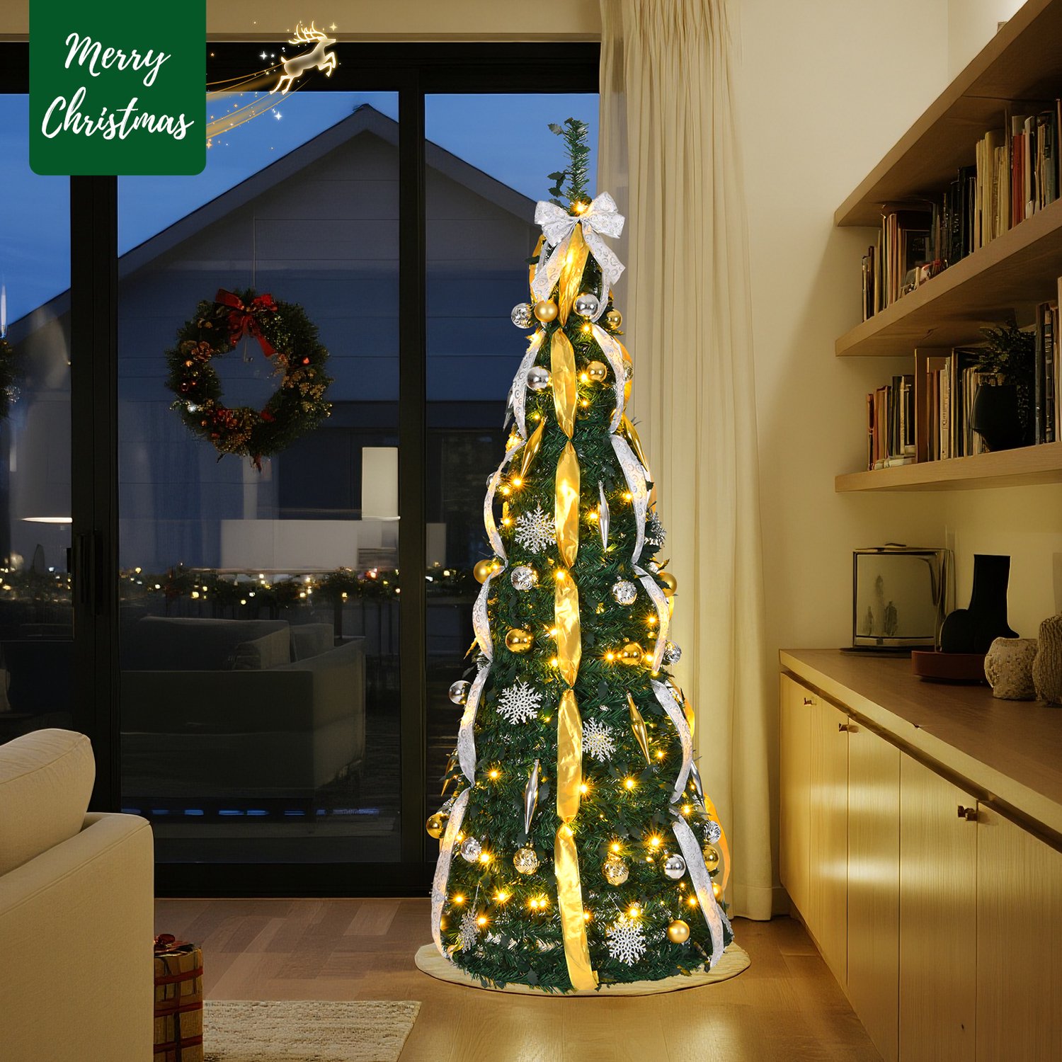 Pop-up Kerstboom 150 cm met 100 LED - 8 Lichtmodi - Goud & Zilver - Inclusief Kerstballen & Linten - Opvouwbaar - NAIZY – foto 8