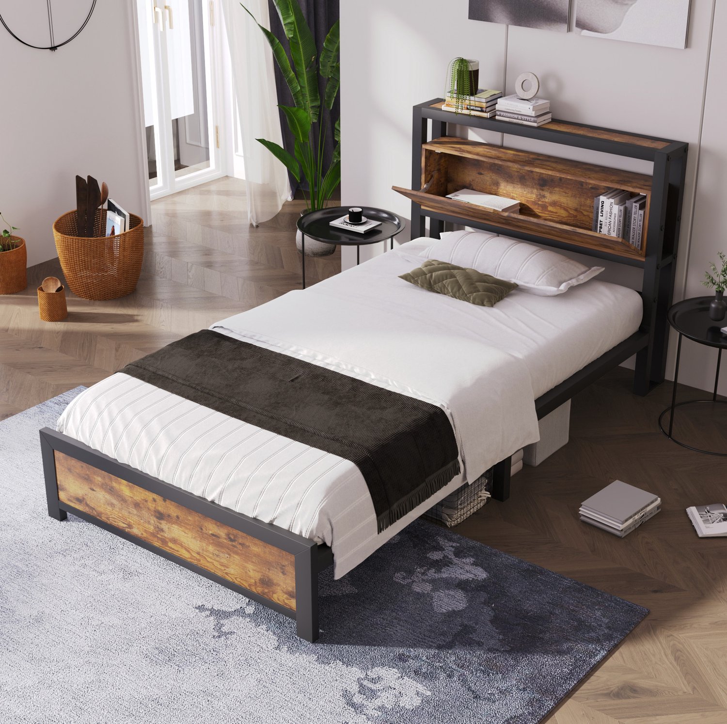 Metalen eenpersoonsbed 90 x 200 cm met opberghoofdbord en lattenbodem – zwart