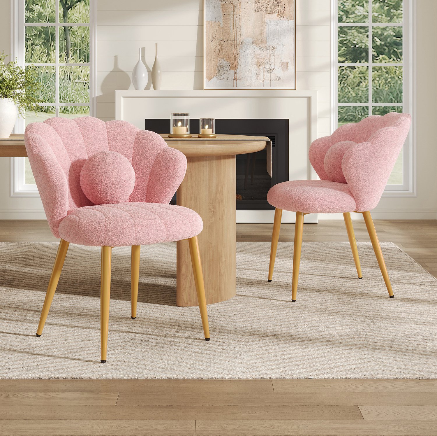 OKWISH Eetkamerstoel - Set Van 2 - Schelpvormig - Teddystof - Roze