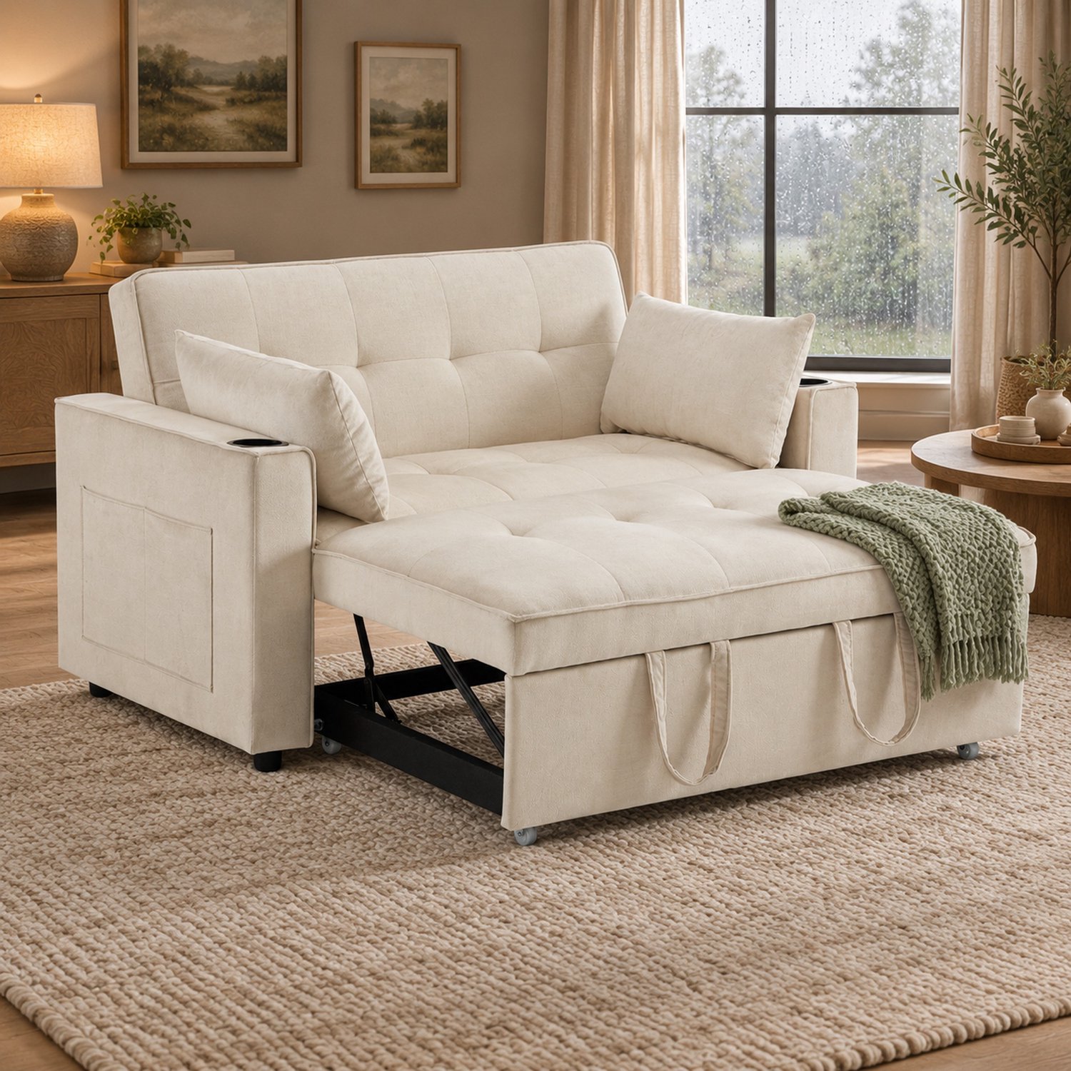 WUVRIE 2-zits slaapbank 137x76,5x83 cm - 3 standen, bekerhouders en 2 kussens - Beige
