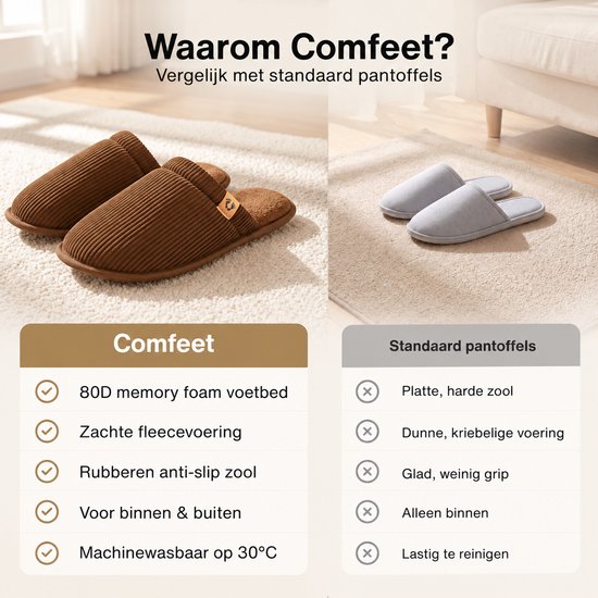 Vergelijkingstabel tussen Comfeet pantoffels en standaard pantoffels, met nadruk op comfort en kwaliteit.