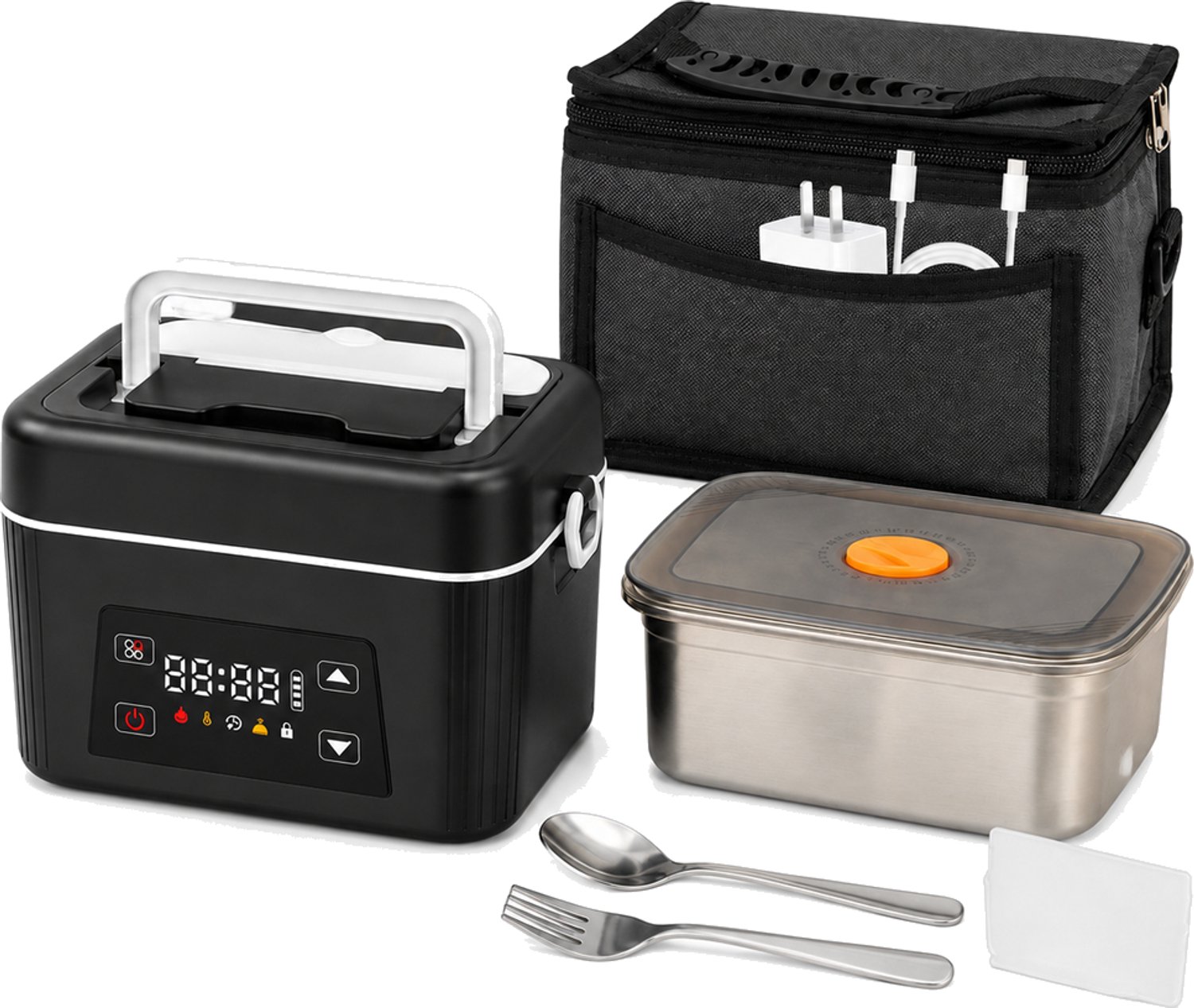Elektrische lunchbox van 1,5 l, oplaadbaar, 100 W, zonder water toe te voegen, met binnenbak van roestvrij staal 304