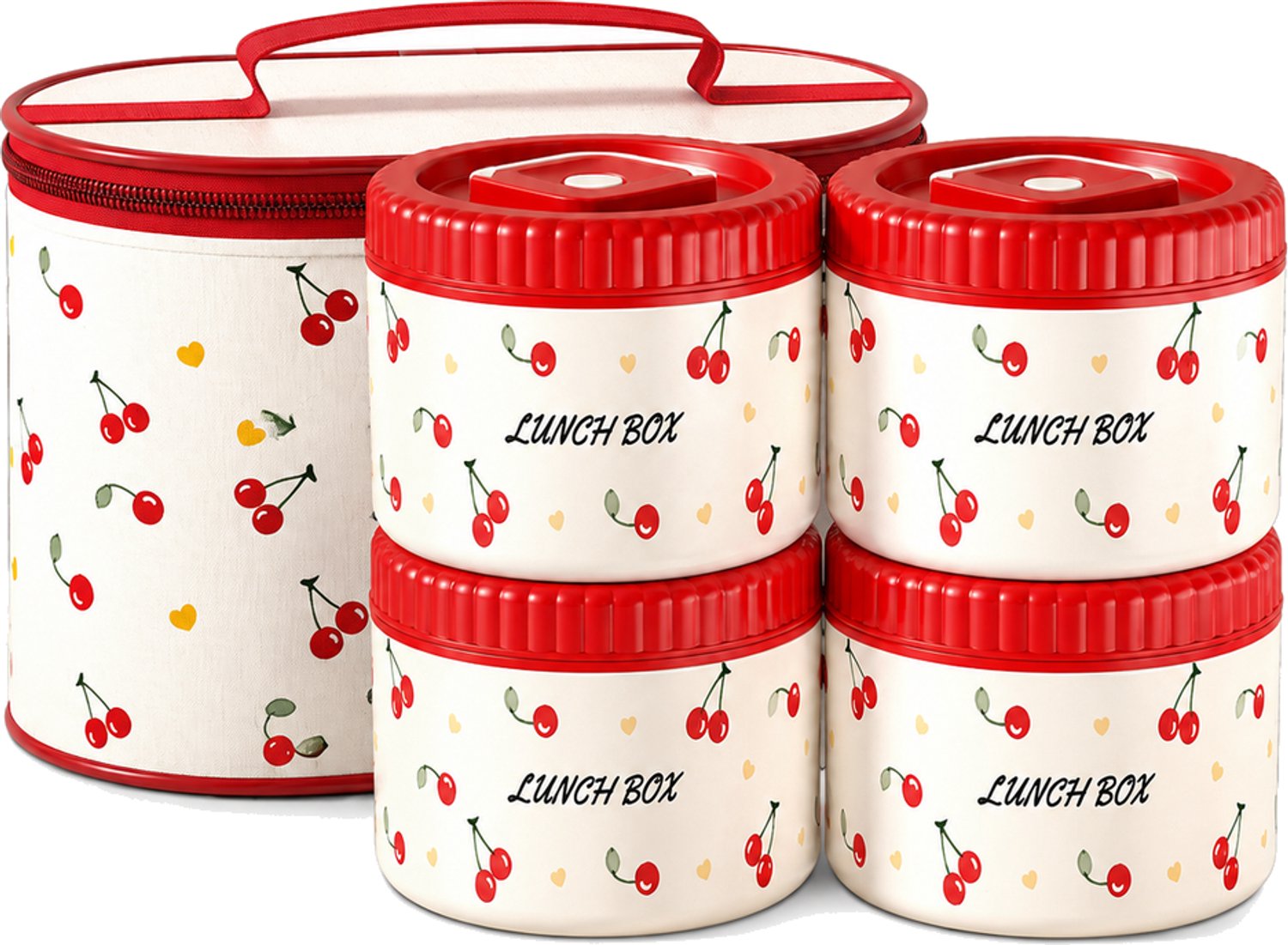Broodtrommelset met 4 ronde bakjes van 800 ml, kersenprint, bestek en draagtas