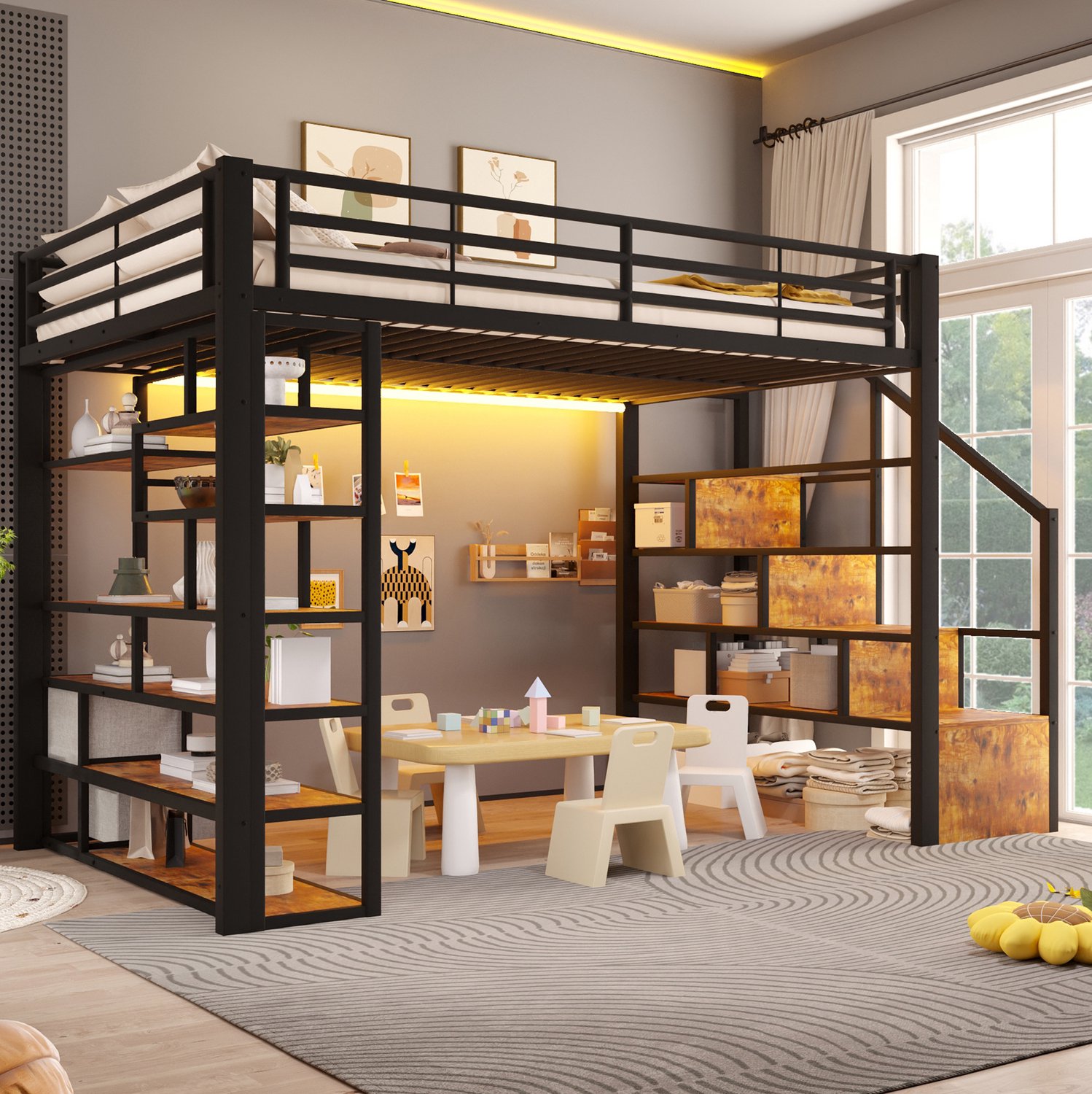 COVREO Hoogslaper met LED – 140x200 cm – Kinderbed met trap en hek – Bed met lades en opbergruimte – Zwart - zonder matras
