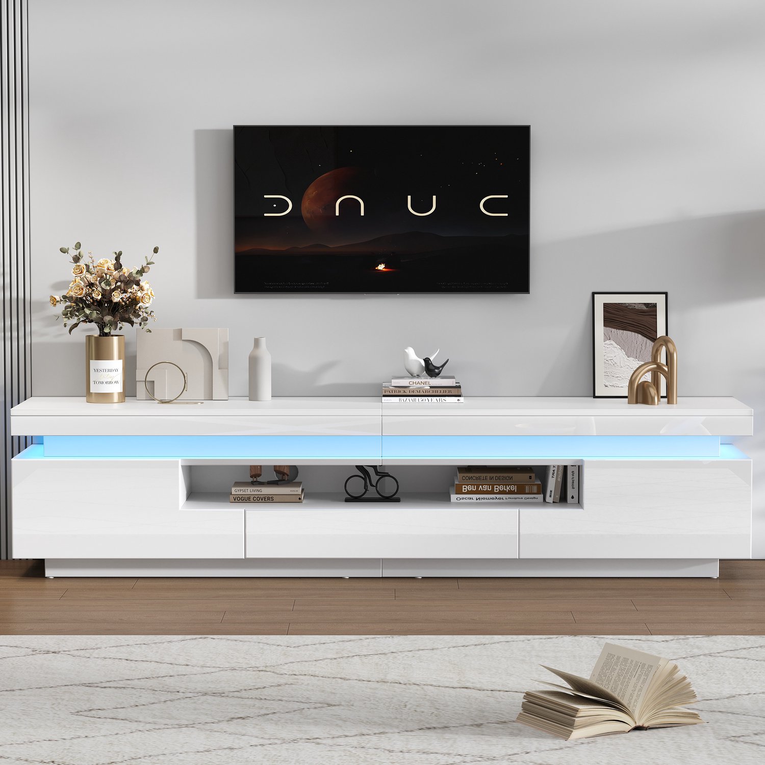 TV-meubel 175 cm - 2 L-vormige kasten - 1 lade - Halfopen vak - LED met appbediening - Voor tv tot 75 inch - Wit