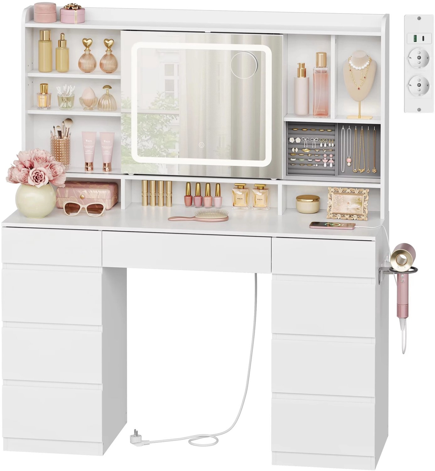 Atlasyx tafel - Make up - Kaptafel - Met spiegel en verlichting - Makeuptafel - Bureau - 2 Stopcontacten + USB -107x40x140cm- Wit