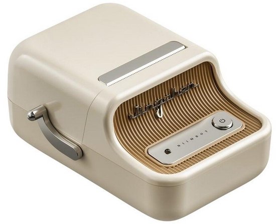 Crèmewitte Niimbot B21 Pro labelprinter in retrostijl met metalen hendel en bruine geribbelde textuur.