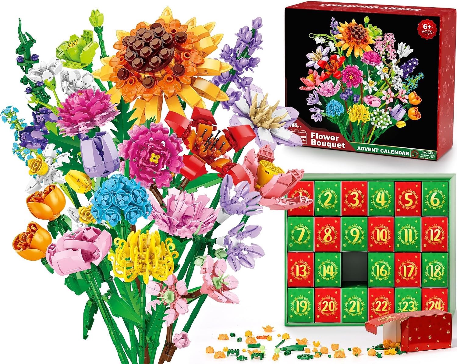 Adventskalender 2026 - 24 dagen aftellen met boeket bouwblokken voor kinderen - kerstkalender met bouwblokken in de vorm van een boeket - Adventskalender met succulenten