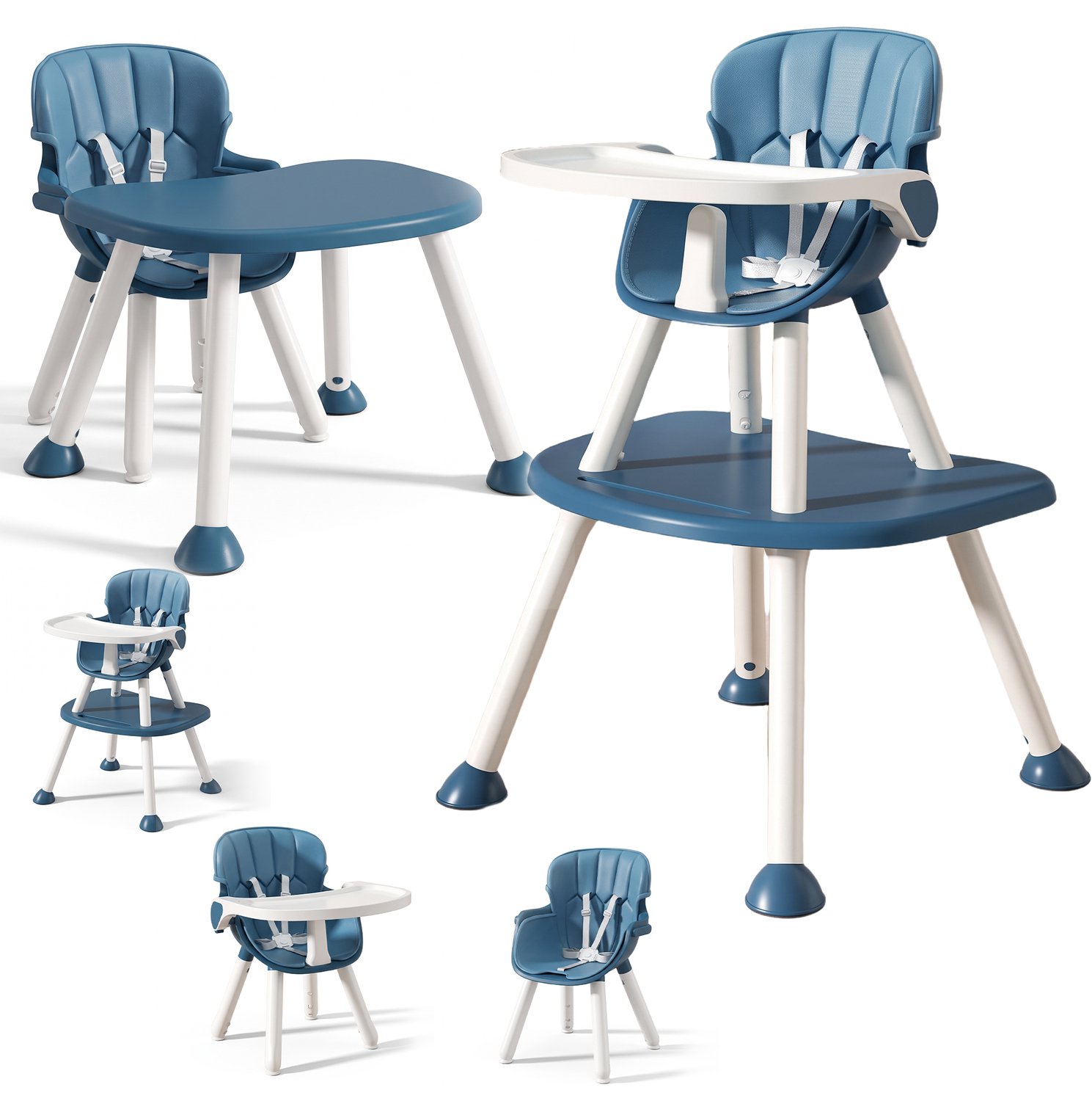 Luxe Multifunctionele kinderstoel - 4-in-1 meegroeistoel - 6 maanden tot 8 jaar - hoge en lage eetstoel - Speeltafelfunctie - tafel met leerstoel - Baby Eetstoel - Peuterstoel voor peuter - tuigje - 5-puntsgordel - blauw