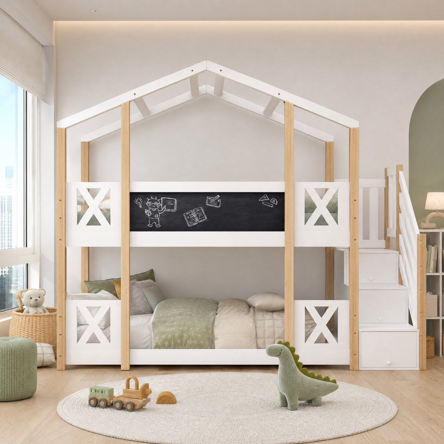 COVREO Stapelbed met opbergtrap – 90x200 cm – Kinderbed met valbeveiliging – 256x96x205 cm – Wit en hout - zonder matras