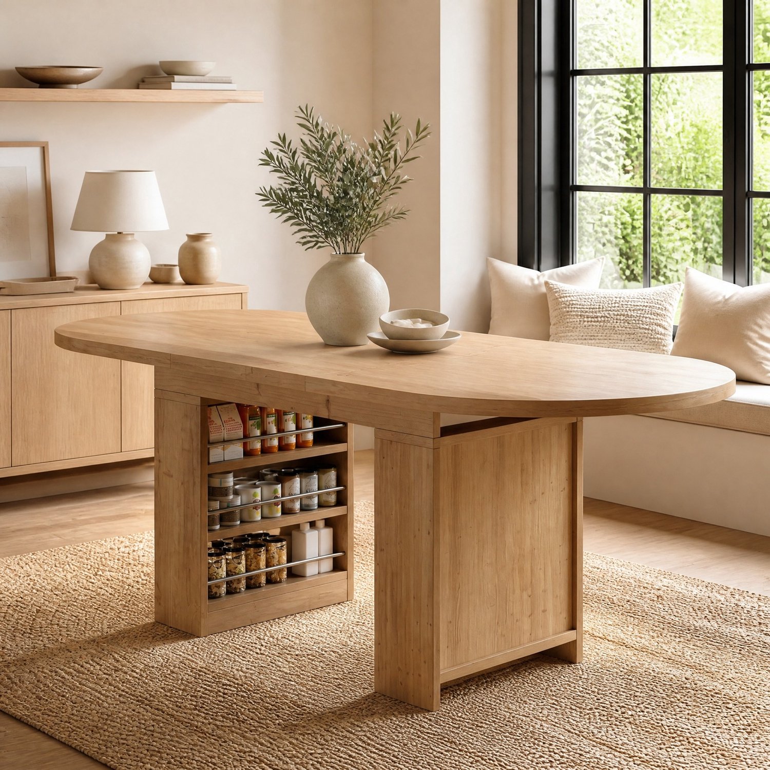 WUVRIE Uitschuifbare eettafel 150/200x90 cm - Open opbergvakken - Eiken