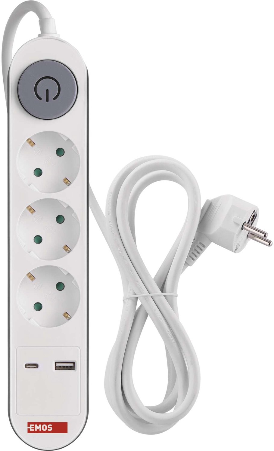 EMOS Verlengsnoer 2 m / 3 stopcontacten / met schakelaar / wit / 1x USB-A + 1x USB-C / 1,5 mm², P1322PD