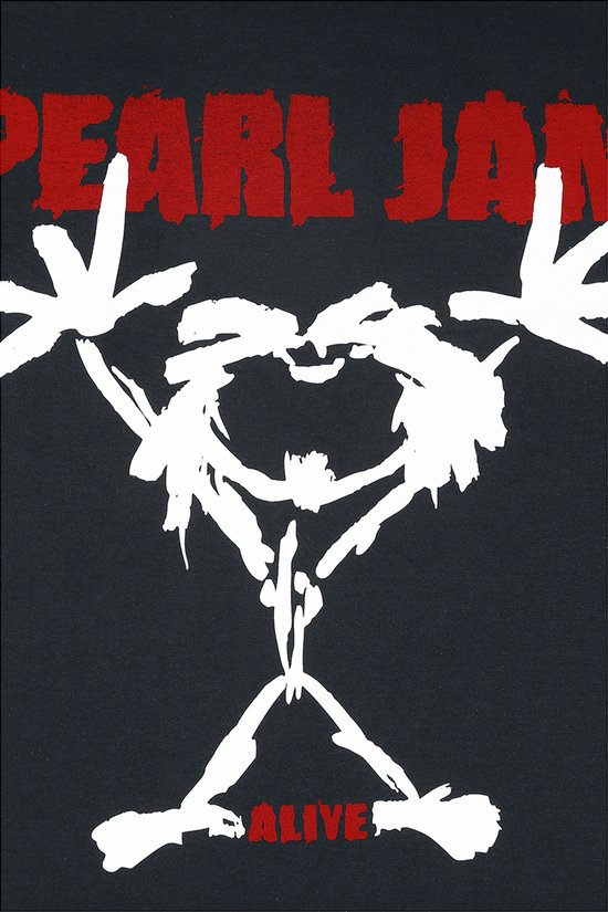 Zwart T-shirt met witte Pearl Jam 'stickman' afbeelding en rode teksten 'PEARL JAM' en 'ALIVE'.