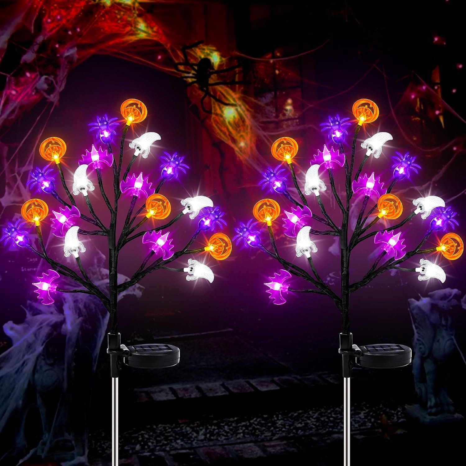 YAGXIG Halloween-tuinverlichting - Decoratieve Halloween-verlichting op zonne-energie - Buitenverlichting op zonne-energie - 8 standen - Waterdicht - Geschikt voor tuinen, tuinen, gazons en feesten - Set van 2 - Ghost Bat Spider-pompoenlantaarns