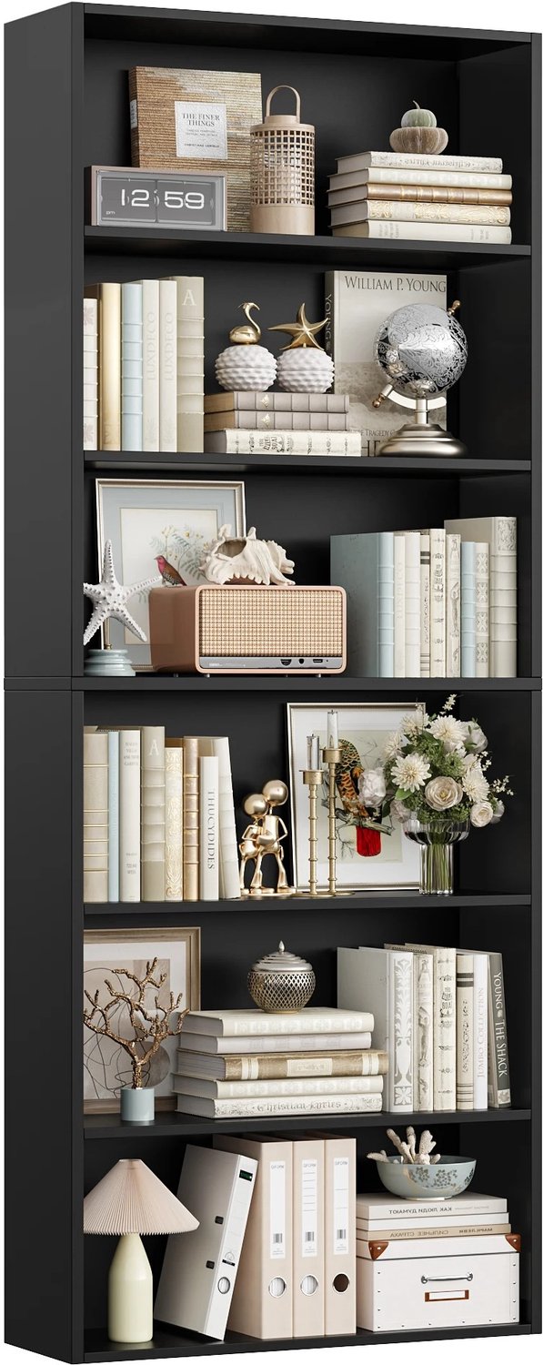MokoHub Boekenkast 6-Laags - Houten Woonkamerplank - Displayrek/Opbergrek - 180 cm Hoog - 60x23.5x180 cm - Zwart
