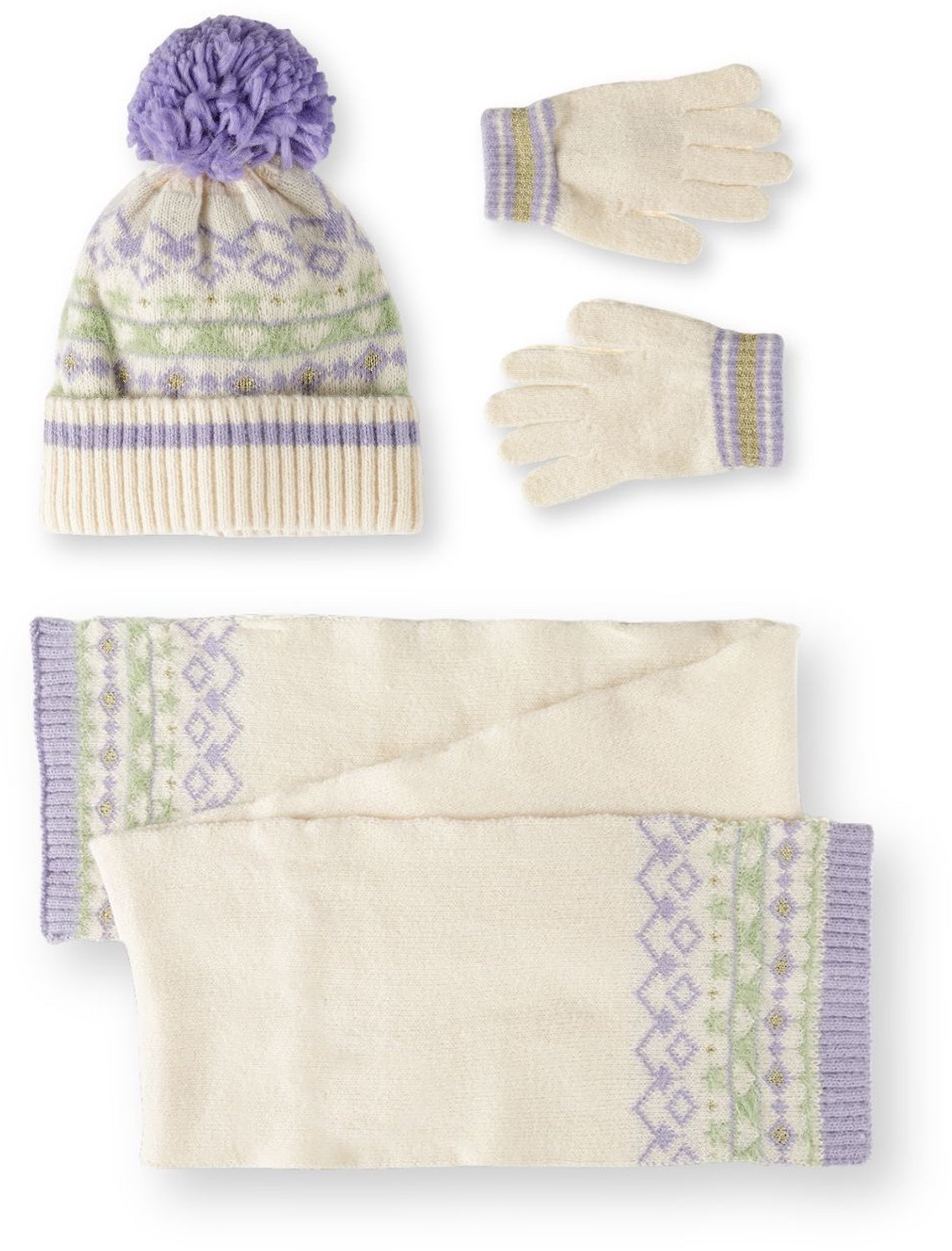 Minoti muts sjaal handschoenen set kind – met pompon – crème en lila
