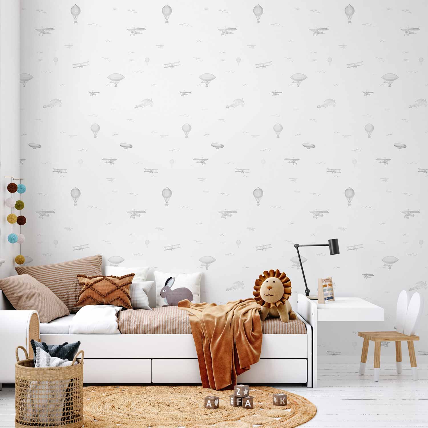 Behang - Drawing - Airplanes - balloons - and airships against a sky full of birds.