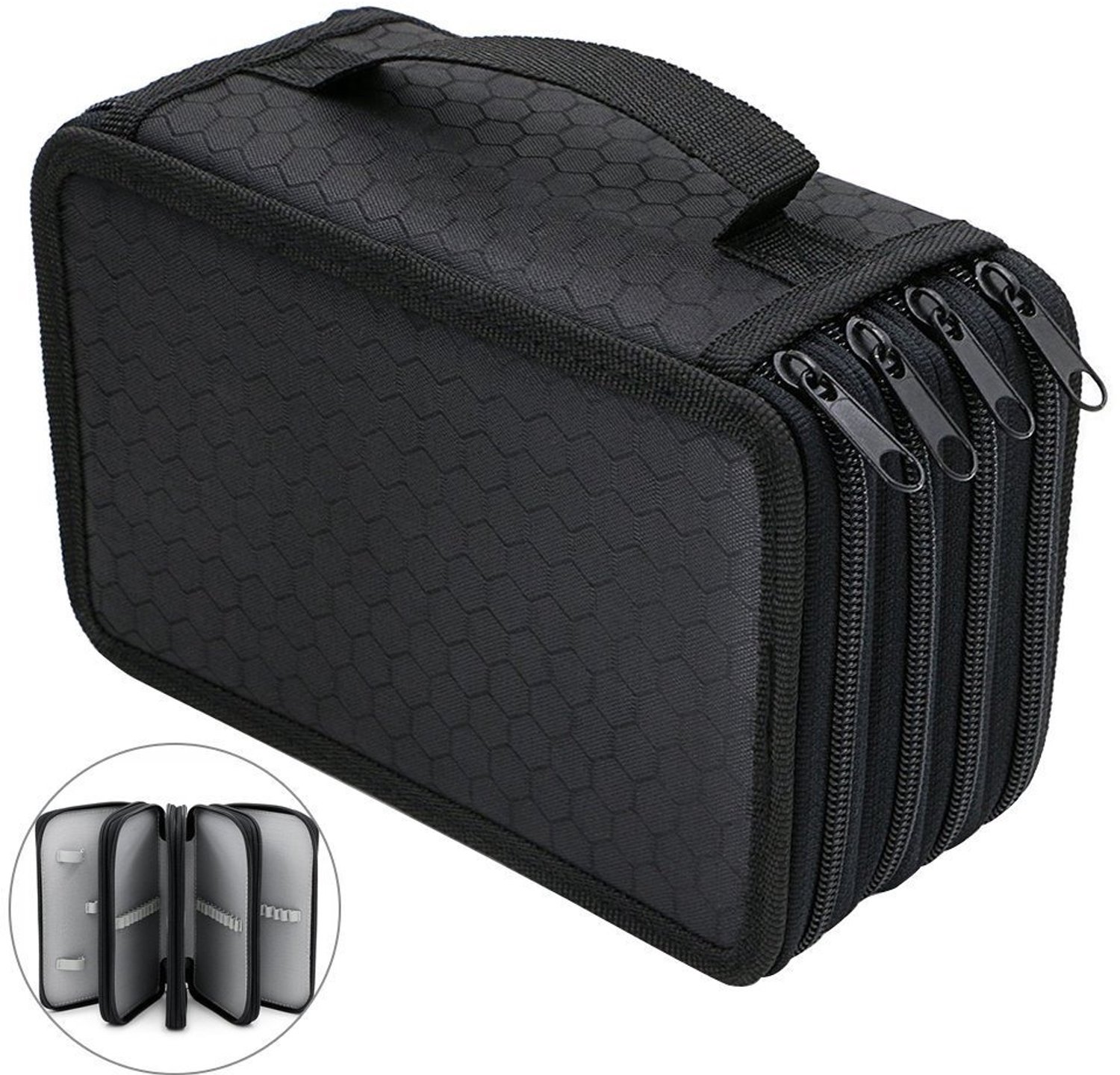 Famanu Pennen Etui Organiser voor Studenten, Reizen, Kunstscholen, Kantoor, 72 Compartimenten, 4 Niveaus, Zwart Groen