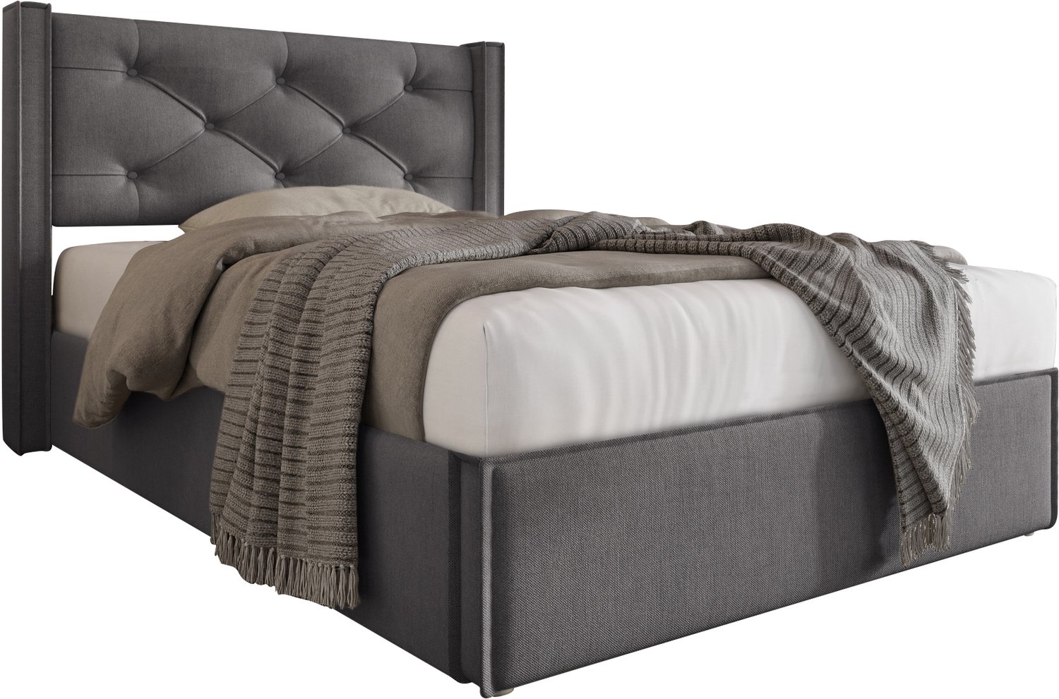 Ropilly Gestoffeerd Eenpersoonsbed 90x200 cm - Bed Met Hydraulische Opbergruimte - Gecapitonneerd Hoofdbord En Katoenen Bekleding - Grijs