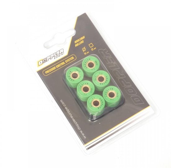 Roulements Doppler emballés, verts avec intérieur doré et inscription '16x13'.