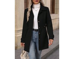 Wollen Mantel Dames Revers Met Riem Slim Fit Wintermantel-zwart-L