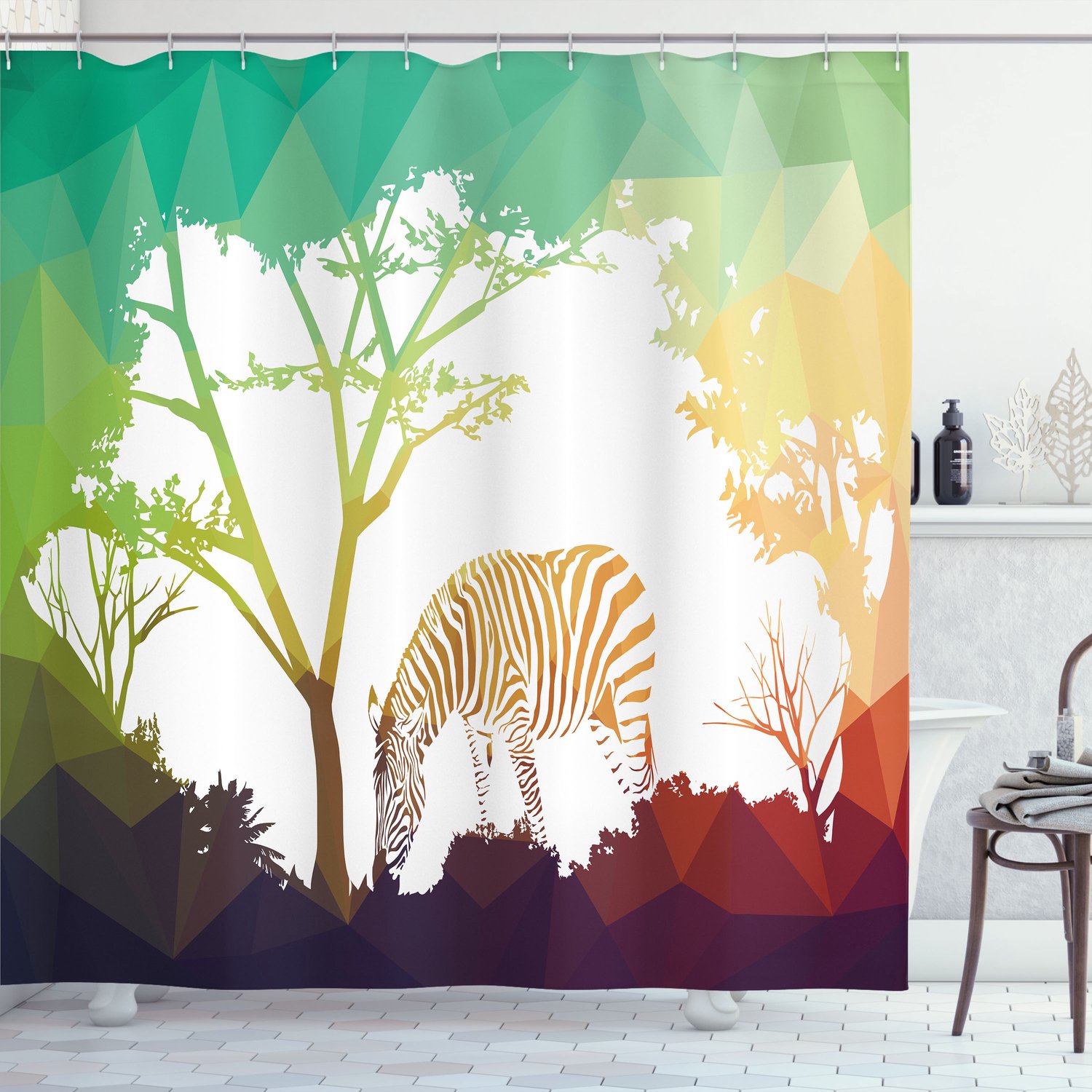 ABAKUHAUS Afrika Douchegordijn, Digitale Zebra in Fractaalmotief met Levendige Kleuren, Kenia-illustratie, Stoffen Badkamerdecoratieset met Haken, 175 B x 200 L, Meerkleurig