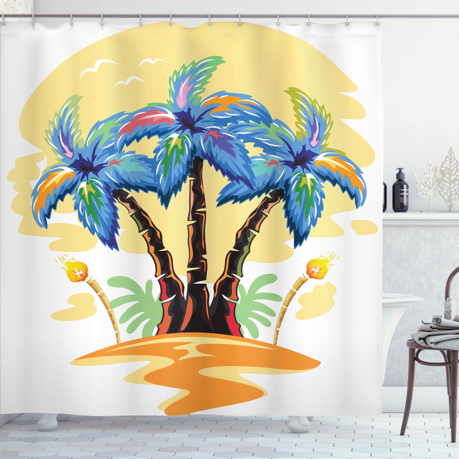 ABAKUHAUS Palmboom Douchegordijn, Kleurrijke Cartoonprint van het Tropisch Eiland Hawaiiaans Botanisch Fakkel Meeuwen en Zonsondergang-afbeelding, Stoffen Badkamerdecoratieset met Haken, 175 B x 200 L, Blauw Oranje