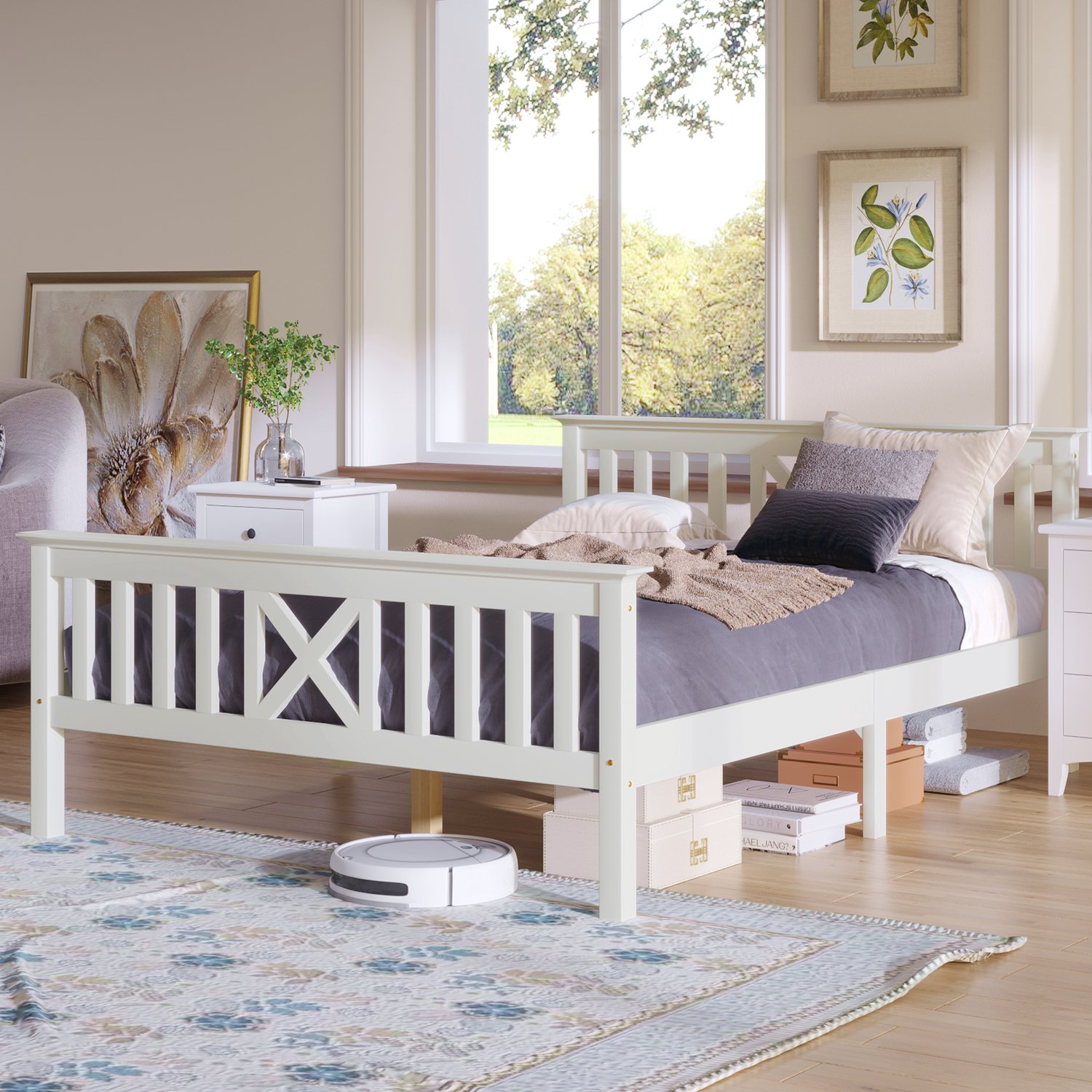 CHICFURN Tweepersoonsbed 140 x 200 cm - Lattenbodem - X-vormig hoofdbord - Wit