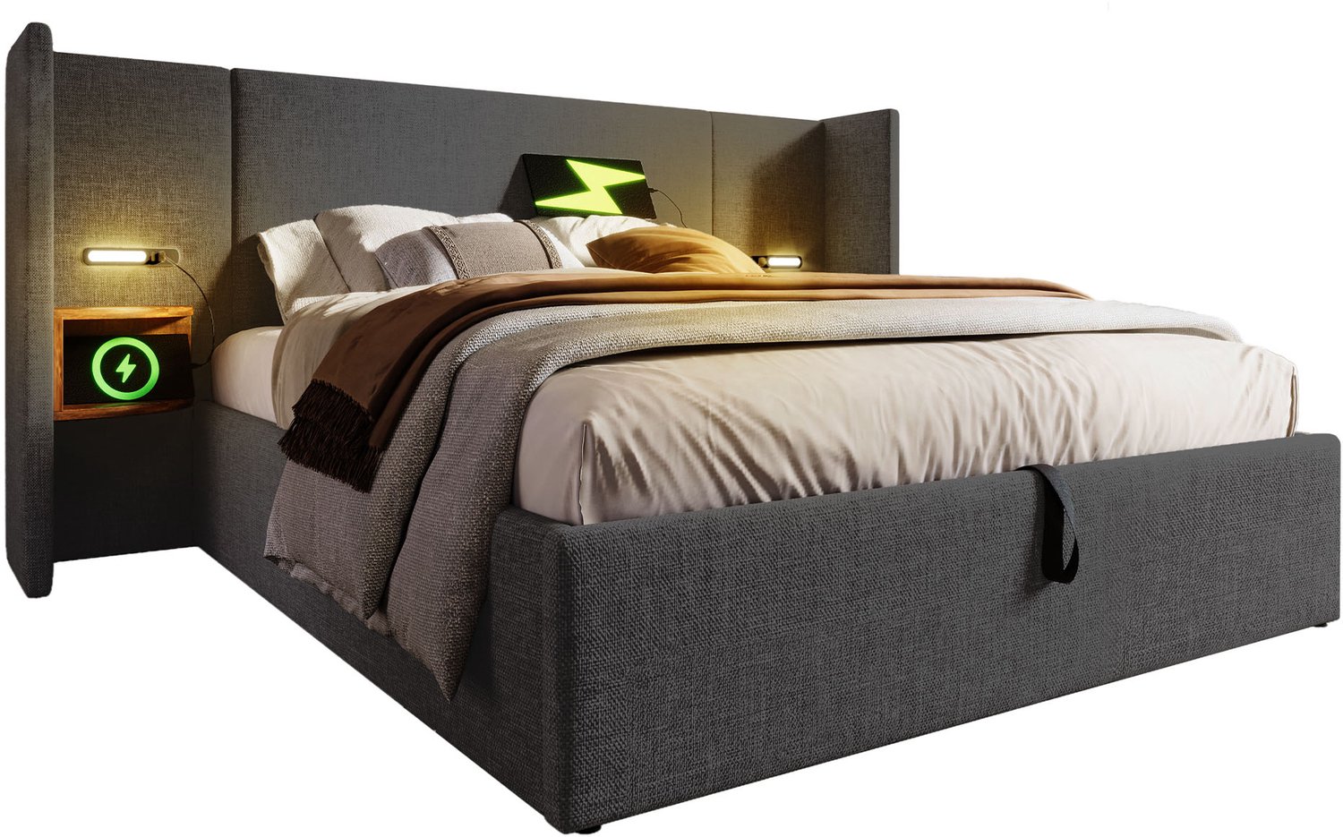 Grijs Tweepersoonsbed 160x200 Met Matras - Gestoffeerd Bed Met Opbergruimte - Leeslamp, USB-C En Houten Lattenbodem