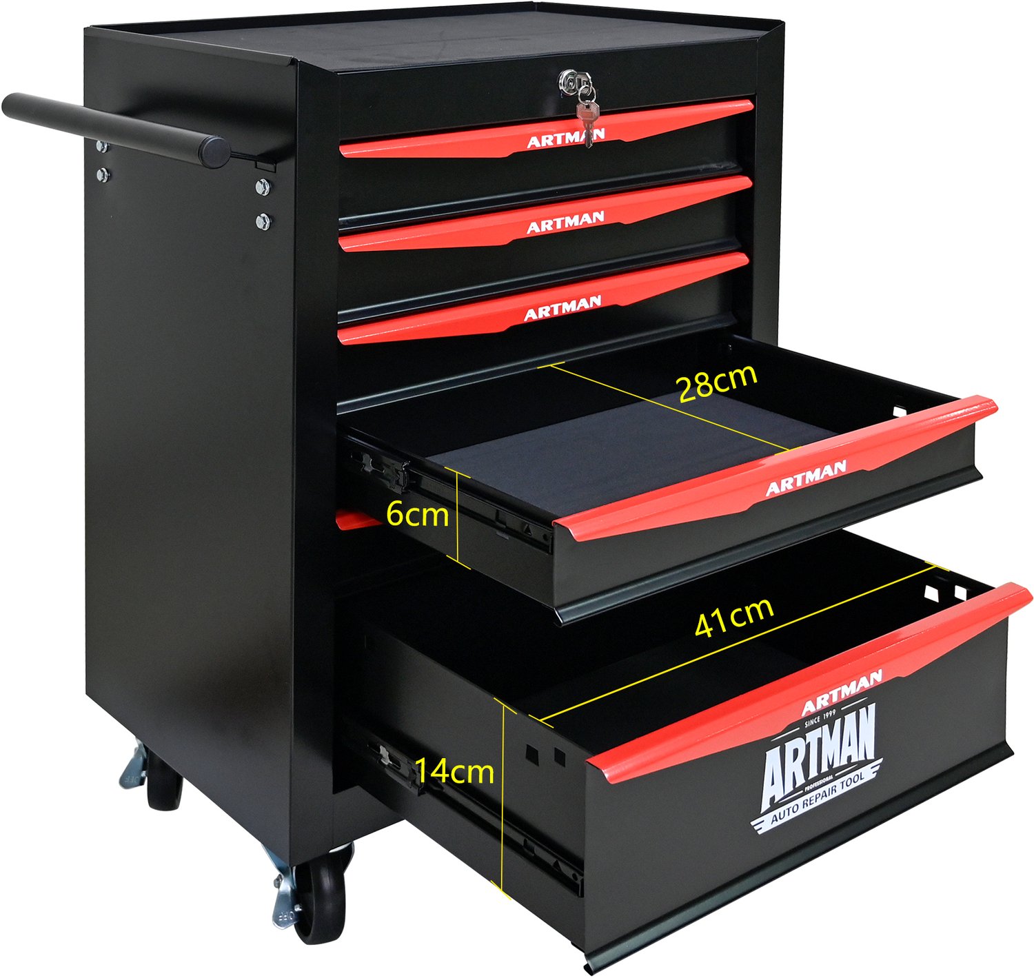 Gereedschapswagen Met 6 Laden - Afsluitbaar Met 4 Zwenkwielen En Zijhandgreep - Stalen Werkplaatswagen In Zwart En Rood - 60 × 33 × 77,5 cm