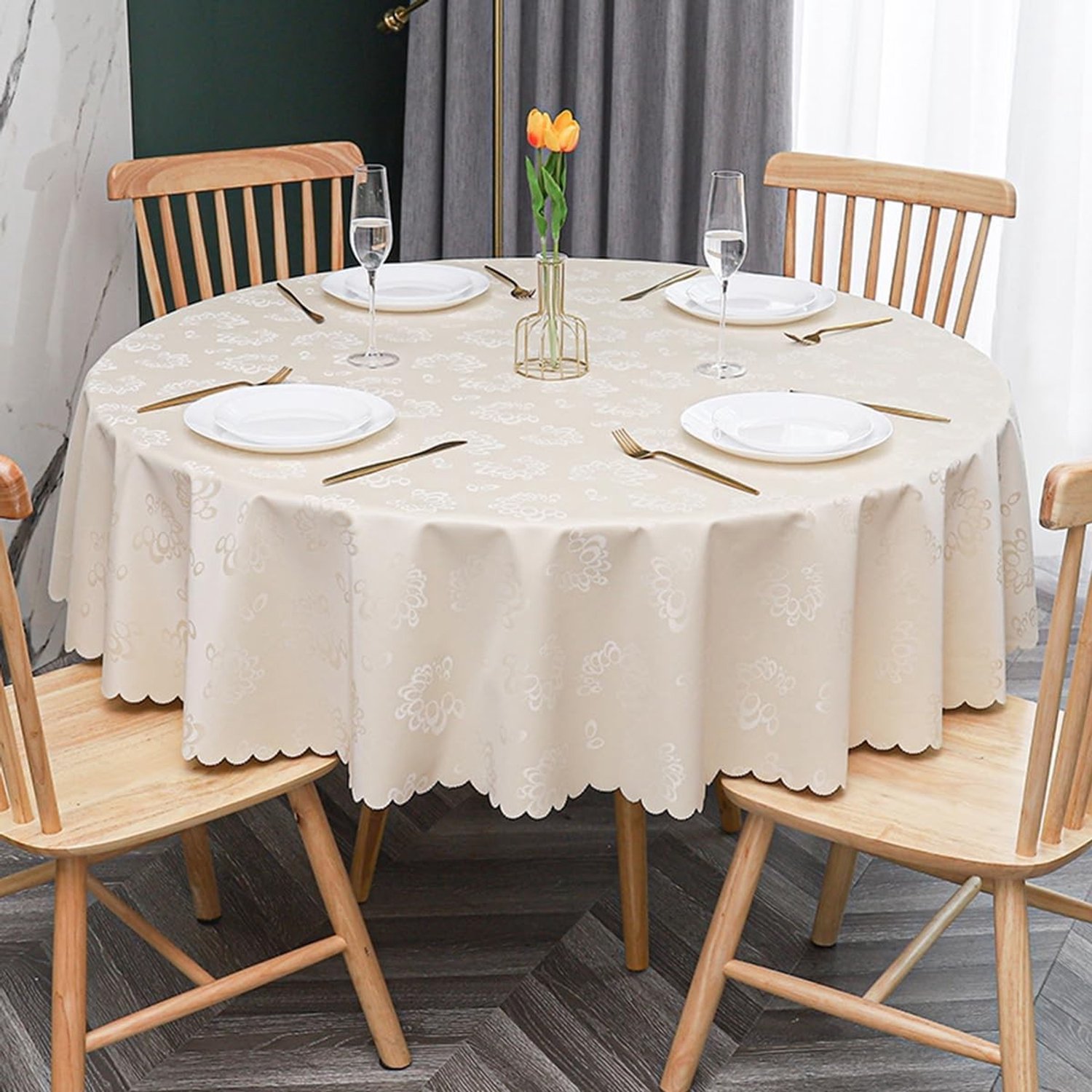 Dikke ronde PVC tafelkleed, water- en vuilafstotend, krasbestendig, beige, 160 cm diameter, ideaal voor feesten en dagelijks gebruik