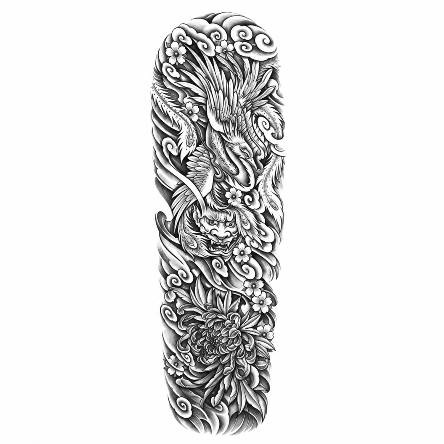 INKC - Tijdelijke Tattoo - Draak en Golven Sleeve - Nep Tattoo - Plak Tattoos - Blijft tot 2 weken - 16 x 47cm