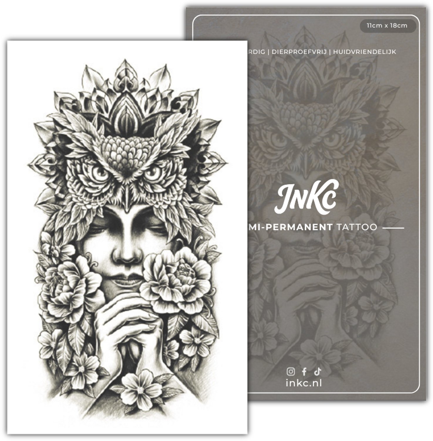 INKC - Tijdelijke Tattoo - Uilvrouw - Nep Tattoo - Plak Tattoos - Blijft tot 2 weken - 11 x 18cm