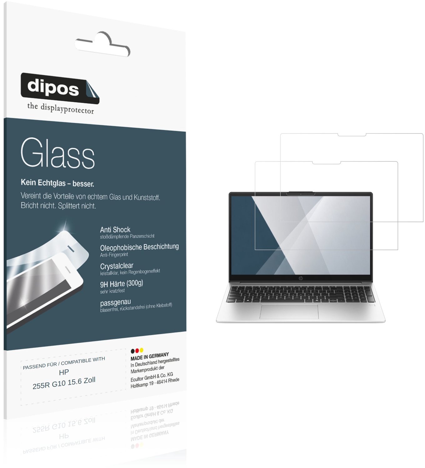 dipos – 2x Pantserfolie geschikt voor HP 255R G10 15.6 Zoll | 9H Screenprotector