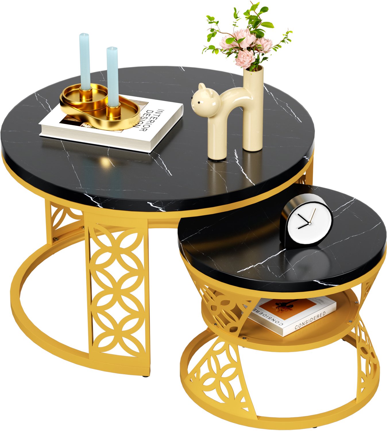 CHICFURN Salontafelset 70 cm - Ruimtebesparend - 2-delig - Woonkamer - Metaal - Zwart en goud Zwart+Groen