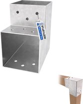 Thermisch verzinkte L-vormige paalverbinder voor pergola, 91x91x200 mm, met schroefgaten van 10 mm en 2 mm dikte.