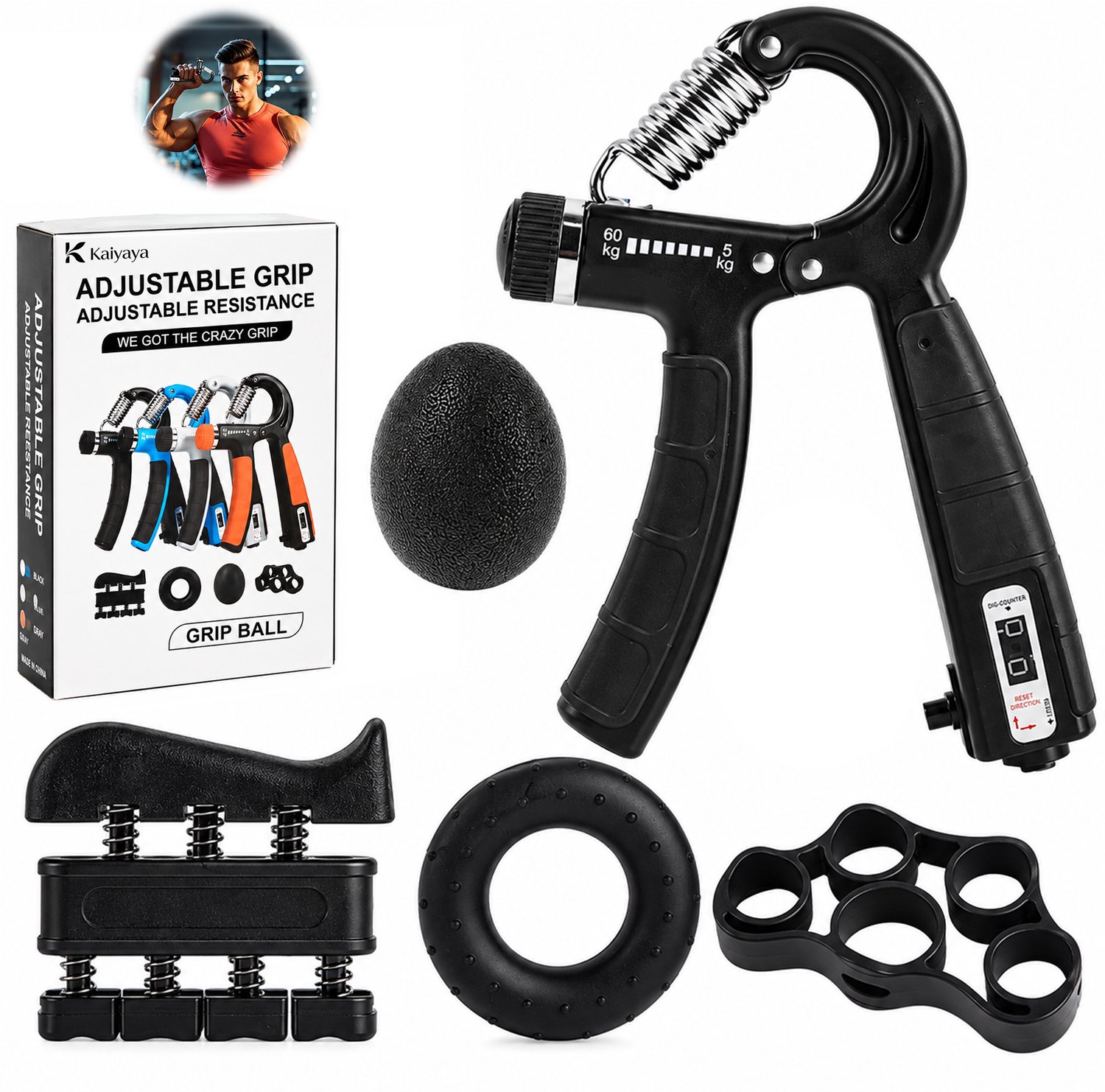 Kaiyaya - 5 stuks Handtrainer set - Verstelbare handknijper met teller - Zwarte griptrainer - Voor gripkracht en revalidatie