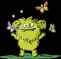Een harig groen monstertje met grote ogen en twee tanden staat vrolijk met kleurrijke vlinders en fonkelende sterren.