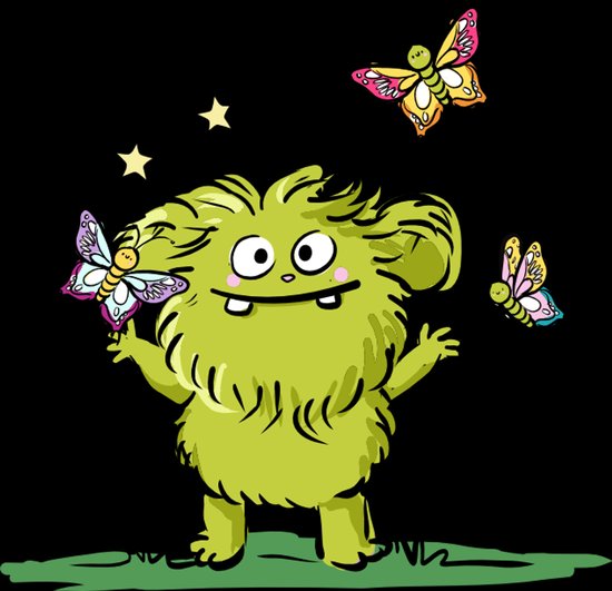 Een harig groen monstertje met grote ogen en twee tanden staat vrolijk met kleurrijke vlinders en fonkelende sterren.