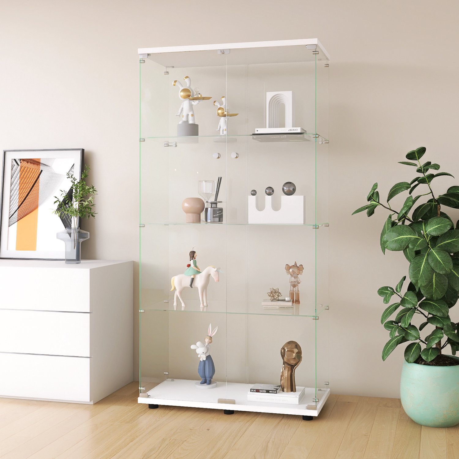 Yelenaro Glazen vitrinekast, Vitrinekast van glas met veiligheidsslot, 2 deur en 4 lagen, Gehard Glas, vitrines, collectiekast, staande glazenkast, 80.5x36.5x164cm, Wit